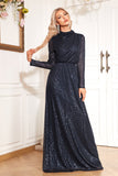 Sparkly Navy A Line Mother of Bride Dress with Long Sleeves