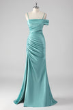 Blue Sheath Pleated Spaghetti Straps Long Prom Dress