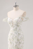 Mermaid White Green Flower Off The Shoulder Long Prom Dress