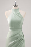 Sage Green Halter Sheath Bridesmaid Dress with Slit