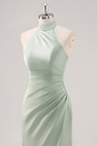 Sage Green Halter Sheath Bridesmaid Dress with Slit