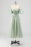 Sage Green A-Line Off the Shoulder Satin Tea Length Bridesmaid Dress