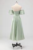 Sage Green A-Line Off the Shoulder Satin Tea Length Bridesmaid Dress