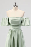 Sage Green A-Line Off the Shoulder Satin Tea Length Bridesmaid Dress