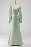 Sage Green Off the Shoulder A Line Long Bridesmaid Dress with Puff Sleeves