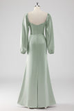 Sage Green Off the Shoulder A Line Long Bridesmaid Dress with Puff Sleeves