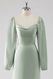 Sage Green Off the Shoulder A Line Long Bridesmaid Dress with Puff Sleeves