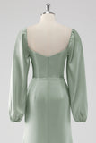 Sage Green Off the Shoulder A Line Long Bridesmaid Dress with Puff Sleeves