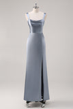 Simple Sheath Grey Blue Satin Bridesmaid Dress with Slit