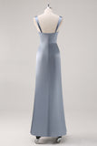 Simple Sheath Grey Blue Satin Bridesmaid Dress with Slit