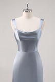 Simple Sheath Grey Blue Satin Bridesmaid Dress with Slit