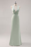 Sage Green Satin Deep V-Neck Backless Long Bridesmaid Dress