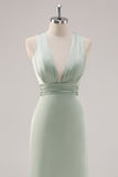 Sage Green Satin Deep V-Neck Backless Long Bridesmaid Dress