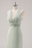 Sage Green Satin Deep V-Neck Backless Long Bridesmaid Dress