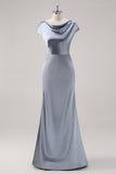 Grey Blue Satin Cowl Collar Bridesmaid Dress with Cape Sleeves