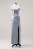 Ruched Grey Blue Spaghetti Straps Sheath Bridesmaid Dress with Slit