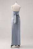 Ruched Grey Blue Spaghetti Straps Sheath Bridesmaid Dress with Slit