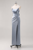 Ruched Grey Blue Spaghetti Straps Sheath Bridesmaid Dress with Slit