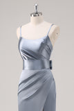 Ruched Grey Blue Spaghetti Straps Sheath Bridesmaid Dress with Slit