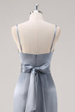 Ruched Grey Blue Spaghetti Straps Sheath Bridesmaid Dress with Slit