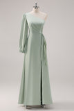 Sage Green A Line One Shoulder Bridesmaid Dress with Slit