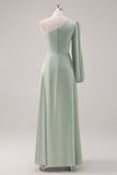 Sage Green A Line One Shoulder Bridesmaid Dress with Slit