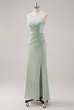 Simple Satin Sage Green One Shoulder Bridesmaid Dress with Slit