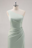 Simple Satin Sage Green One Shoulder Bridesmaid Dress with Slit