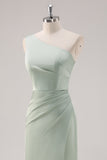 Simple Satin Sage Green One Shoulder Bridesmaid Dress with Slit