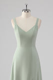 Chiffon V-Neck Sage Green A Line Bridesmaid Dress with Slit