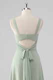 Chiffon V-Neck Sage Green A Line Bridesmaid Dress with Slit