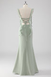 Sage Green Ruffled Sheath Lace-Up Back Long Bridesmaid Dress with Slit