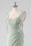 Sage Green Ruffled Sheath Lace-Up Back Long Bridesmaid Dress with Slit