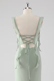 Sage Green Ruffled Sheath Lace-Up Back Long Bridesmaid Dress with Slit