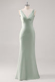 Sage Green V Neck Backless Satin Sheath Bridesmaid Dress