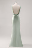 Sage Green V Neck Backless Satin Sheath Bridesmaid Dress