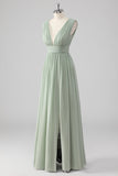 Pleated Chiffon V Neck Long Sage Green Bridesmaid Dress with Slit