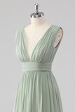 Pleated Chiffon V Neck Long Sage Green Bridesmaid Dress with Slit