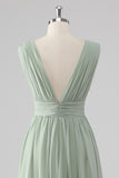 Pleated Chiffon V Neck Long Sage Green Bridesmaid Dress with Slit