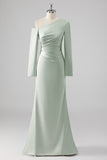 One Shoulder Satin Sage Sheath Bridesmaid Dress with Long Sleeves