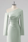 One Shoulder Satin Sage Sheath Bridesmaid Dress with Long Sleeves