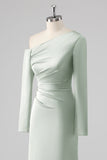 One Shoulder Satin Sage Sheath Bridesmaid Dress with Long Sleeves