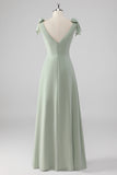 V Neck A Line Bow Tie Sage Green Bridesmaid Dress with Slit