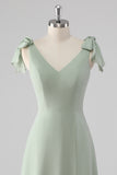 V Neck A Line Bow Tie Sage Green Bridesmaid Dress with Slit