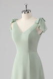 V Neck A Line Bow Tie Sage Green Bridesmaid Dress with Slit