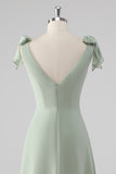 V Neck A Line Bow Tie Sage Green Bridesmaid Dress with Slit