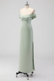 Sage Green Off the Shoulder Satin Sheath Long Bridesmaid Dress