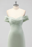 Sage Green Off the Shoulder Satin Sheath Long Bridesmaid Dress