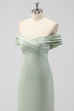 Sage Green Off the Shoulder Satin Sheath Long Bridesmaid Dress