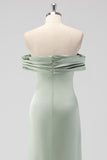 Sage Green Off the Shoulder Satin Sheath Long Bridesmaid Dress